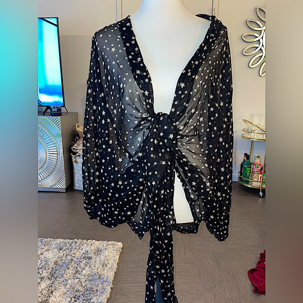COPY - Free people Black mesh with white stars long sleeve top Womens M
